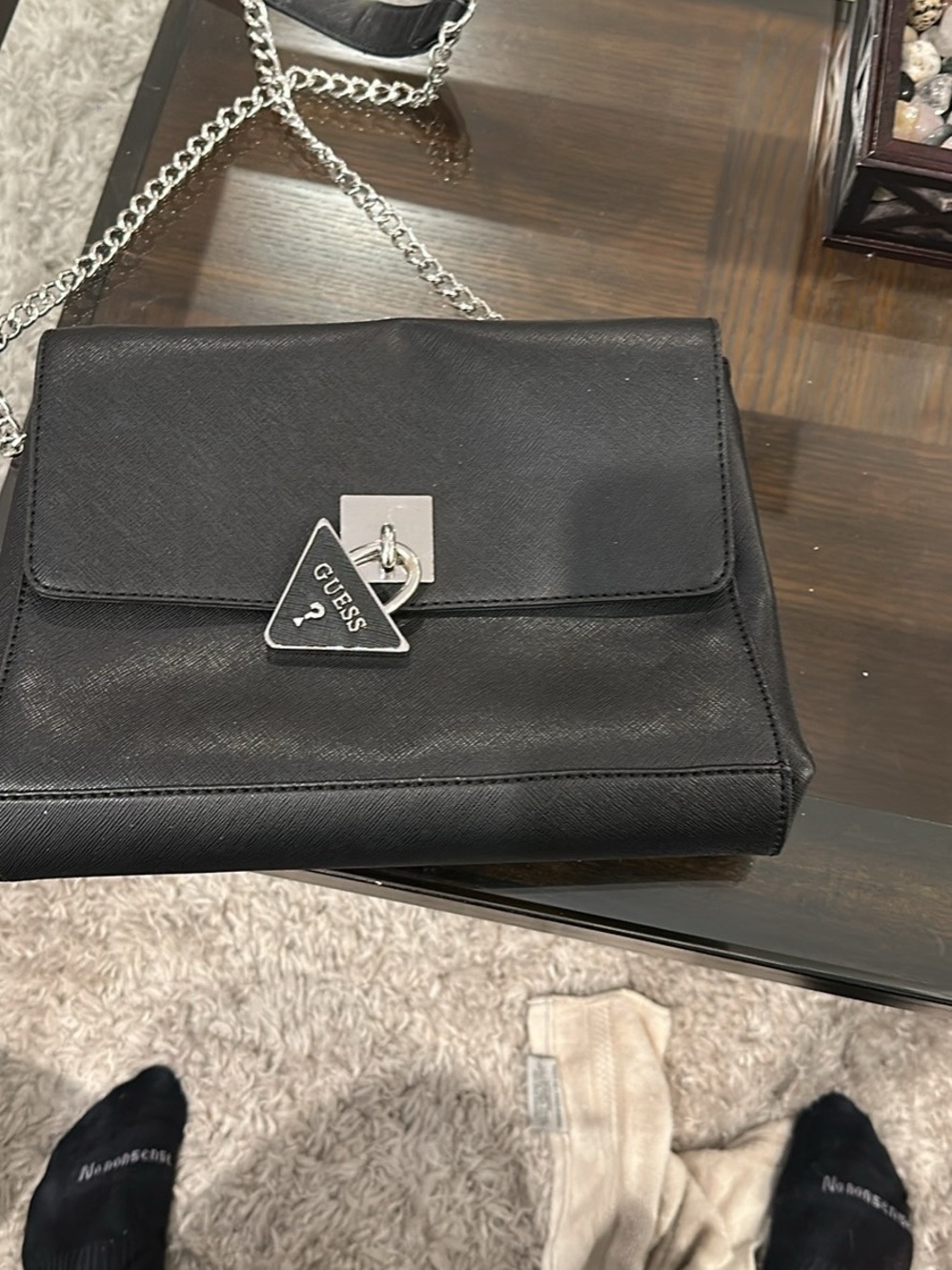GUESS Black Textured Chain Crossbody with Logo Charm